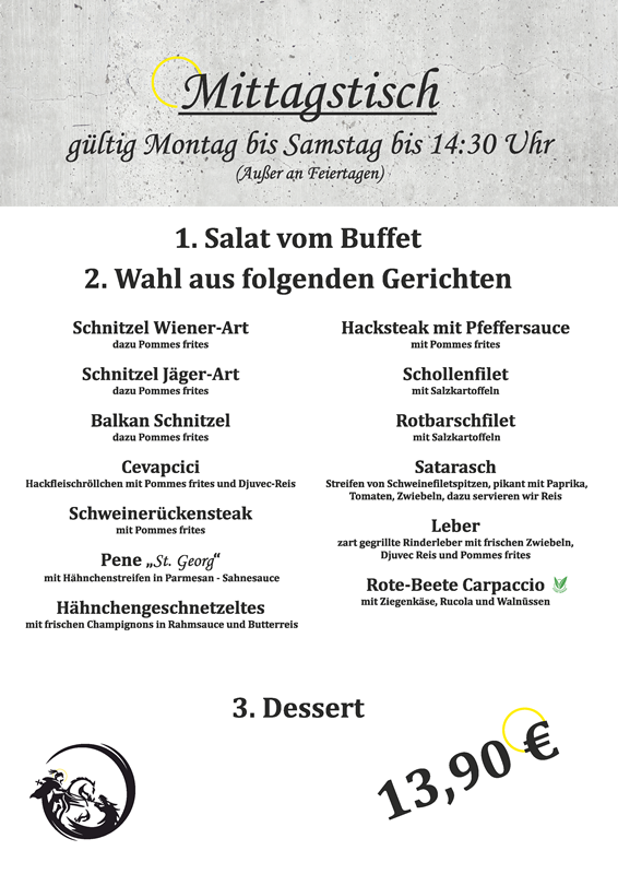 Speisekarte Mittagstisch